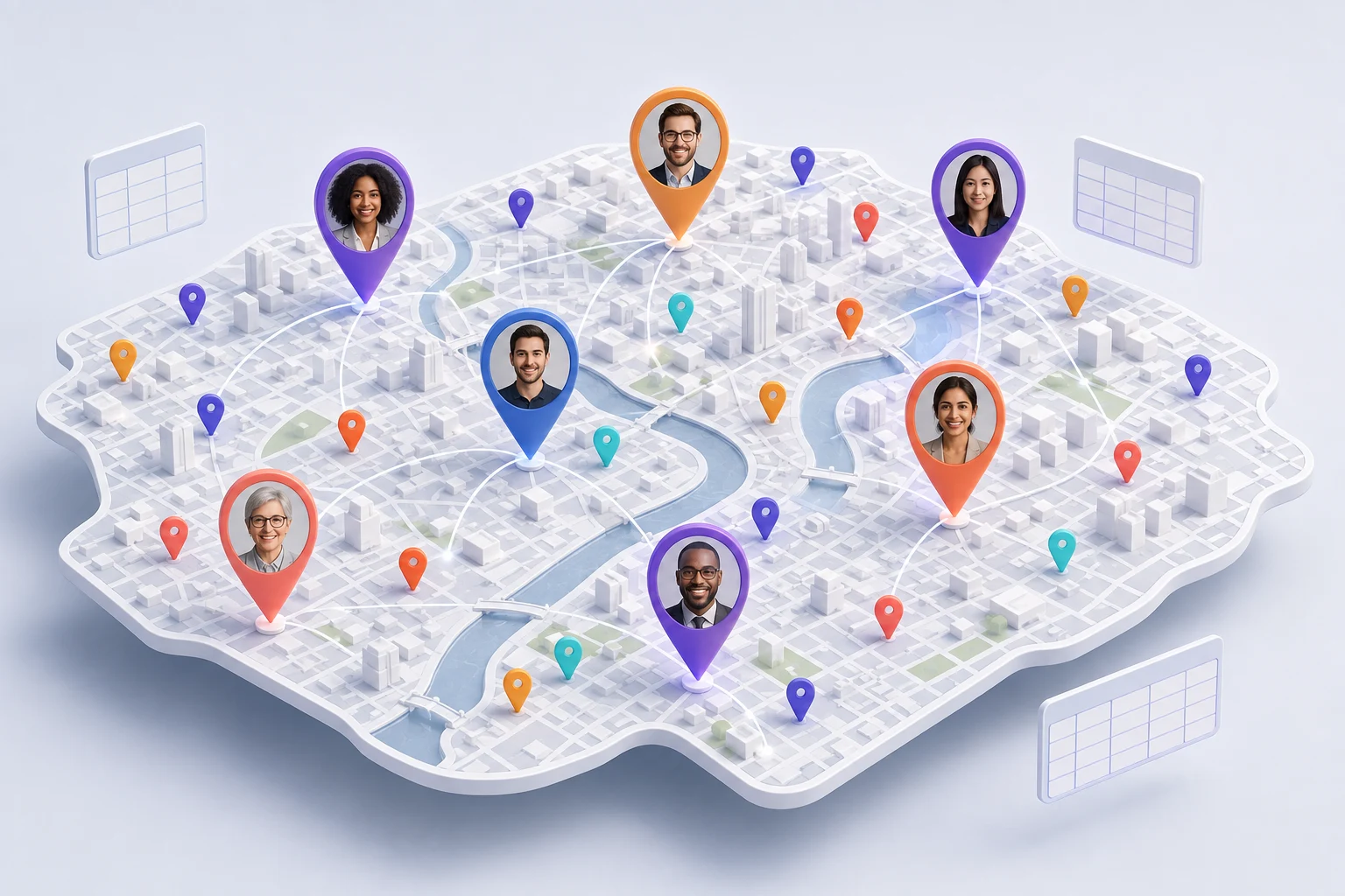 Concept illustration of a city map with colorful location pins, fictional profile photos, and paths connecting people and places.
