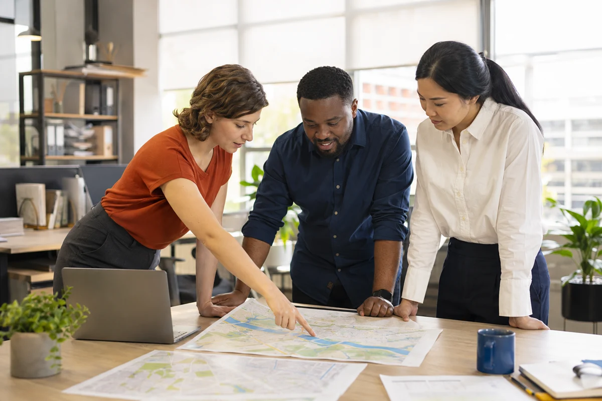 Illustrative image of fictional colleagues exploring a map together.